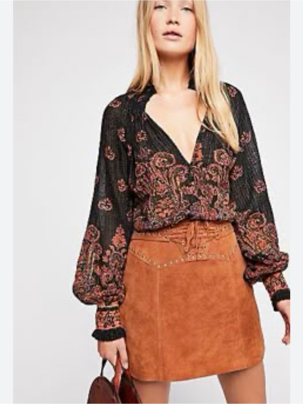 Free People Women’s Smocked Paisley Top Long Sleeve (Chest 34'')